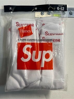 Supreme X Hanes White Crew Socks with Red Logo - 4 Pack